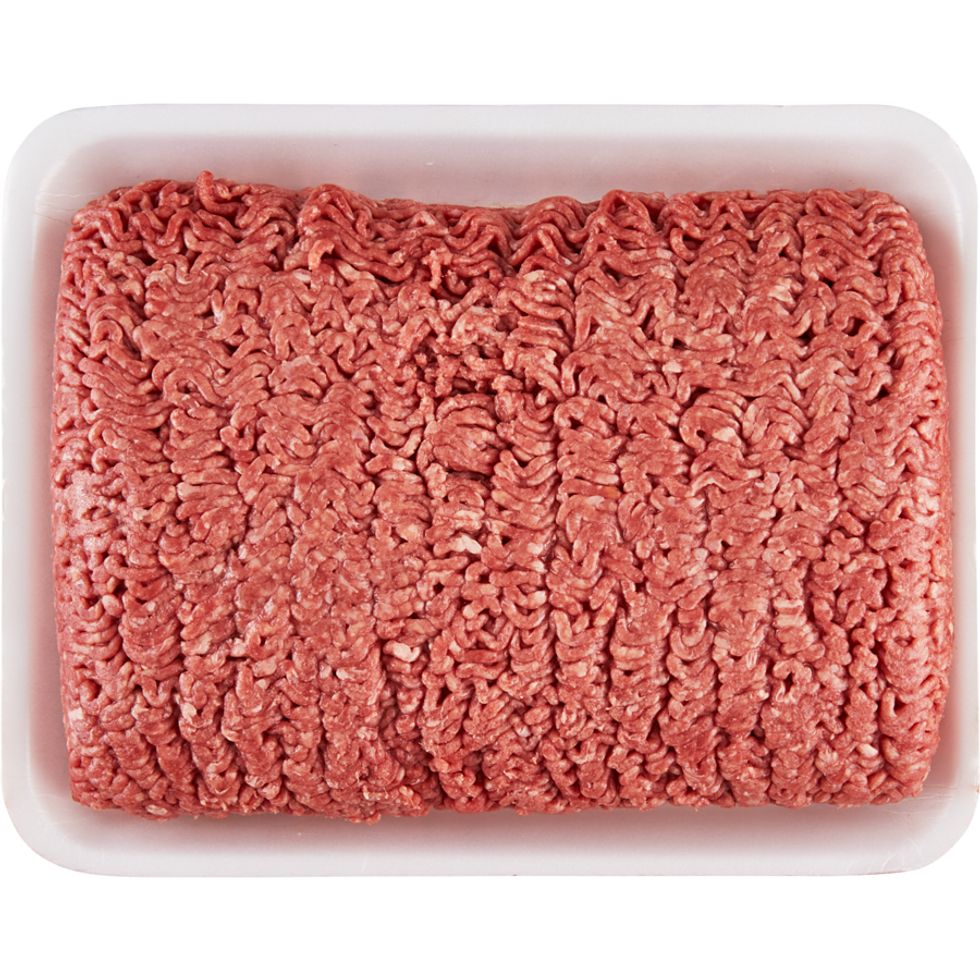 Portion de b\u0153uf et porc hach\u00e9s maigres sur fond blanc.