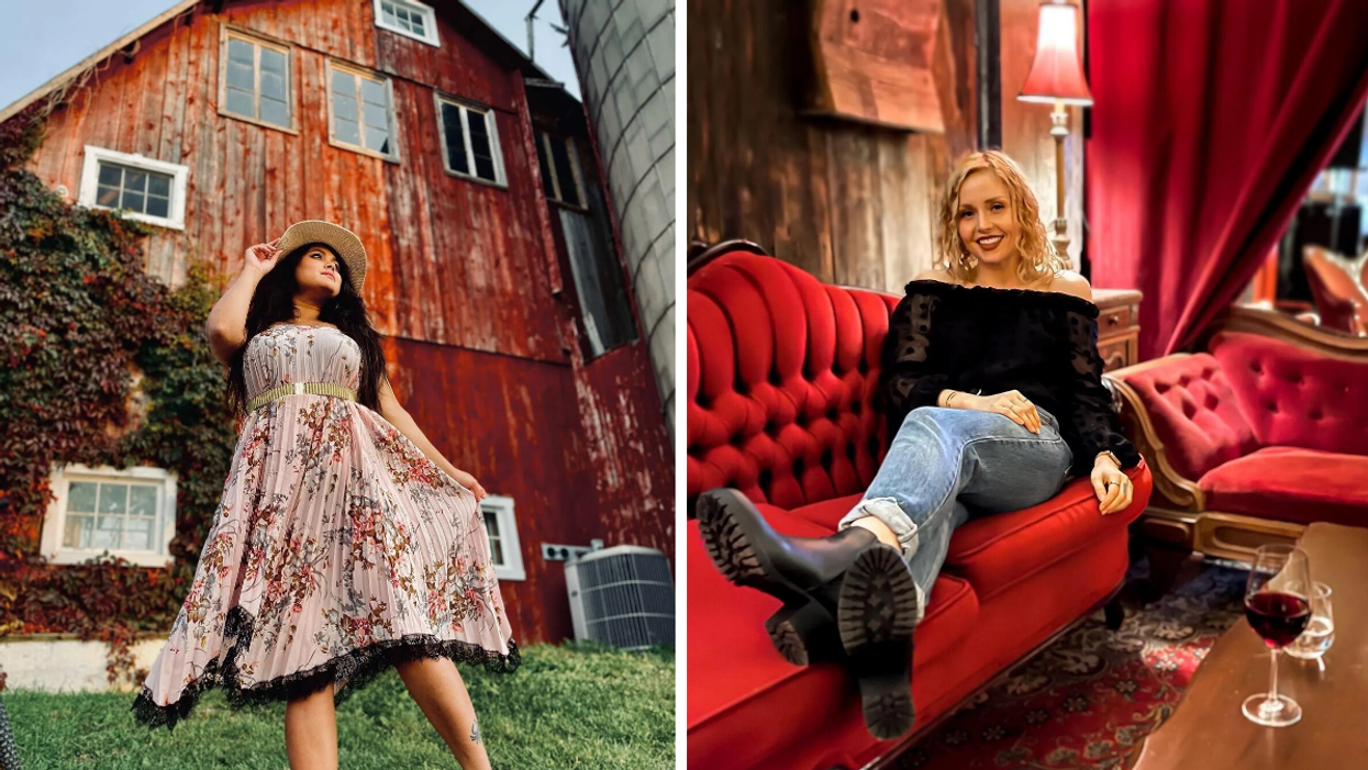 Posing in front of a historic barn in Ontario. Right: Hidden tasting room at Karlo Estates winery.
