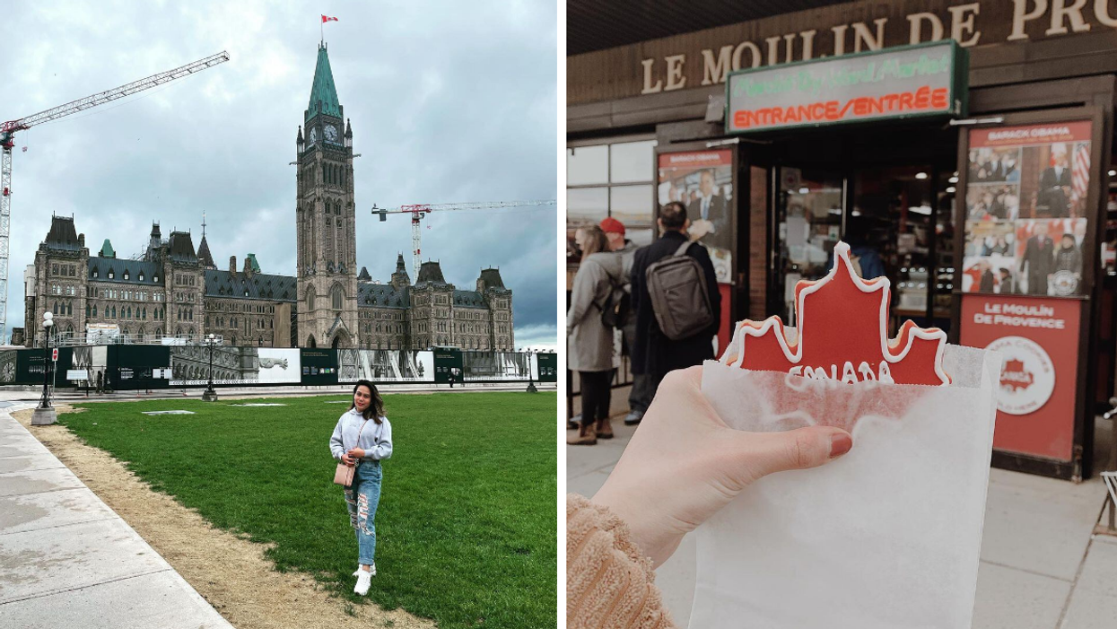 Posing in front of Parliament Hill. Right: The maple leaf "Obama cookie" in Ottawa.