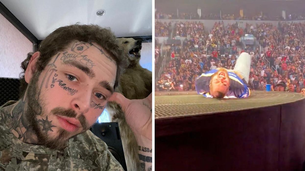 Post Malone. Right: Post Malone after falling during a concert.