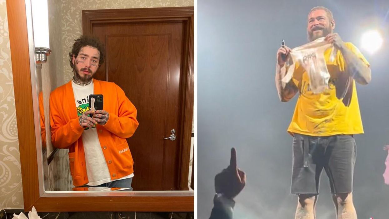 Post Malone taking a mirror selfie. Right: Post Malone holding up the onesie from a fan at his concert. 