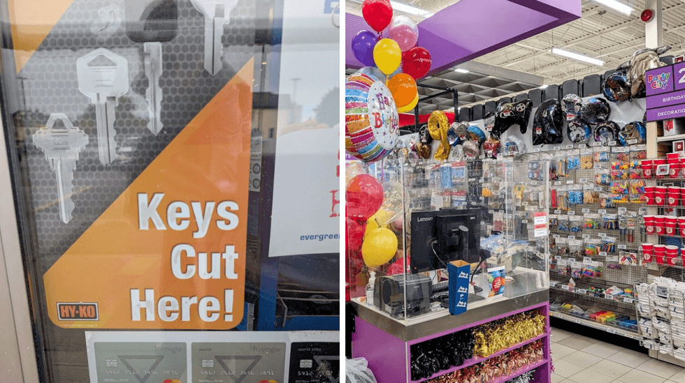 Poster showing "keys cut here." Right: A Party City aisle with balloons and party supplies.