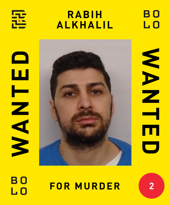 Poster with a man's mugshot and the words "Rabih Alkhalil, wanted for murder."