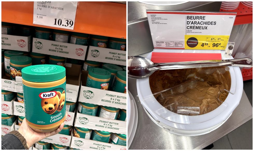 Pot de beurre d'arachide Kraft \u00e0 vendre au Costco. Droite : Beurre d'arachide en vrac \u00e0 vendre au Bulk Barn.