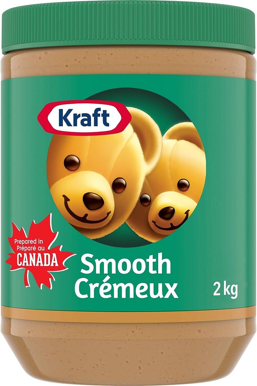 Pot de beurre d'arachides cr\u00e9meux Kraft avec son \u00e9tiquettes verte, sur fond blanc.