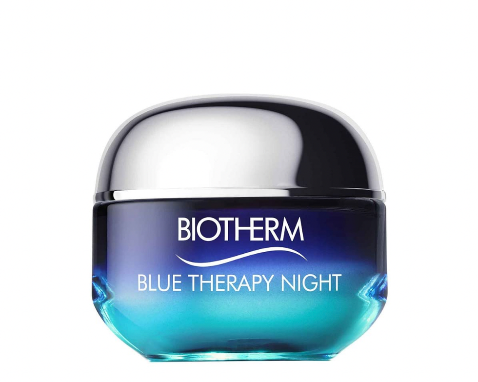 Pot de cr\u00e8me bleu \u200bBiotherm de la ligne Blue Therapy.