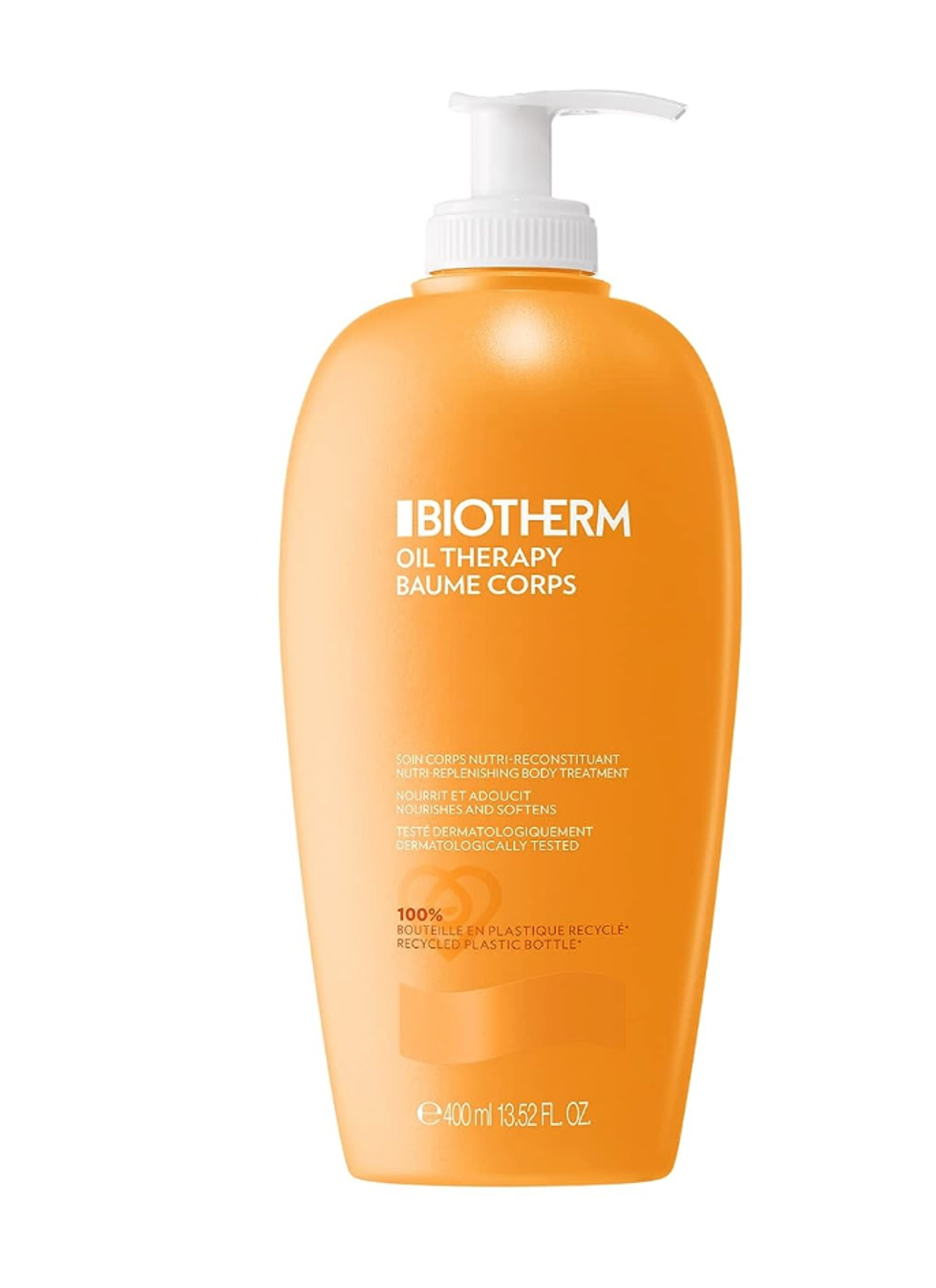 Pot de cr\u00e8me corporelle orange avec pompe de Biotherm, baume oil therapy.