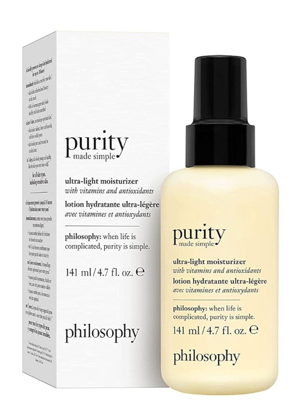Pot de lotion hydratante ultra-l\u00e9g\u00e8re Philosophy Purity, made simple, avec son emballage en carton.