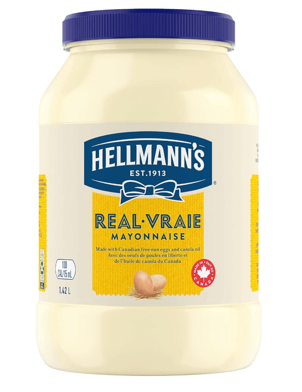 Pot de mayonnaise Hellmann's sur fond blanc.