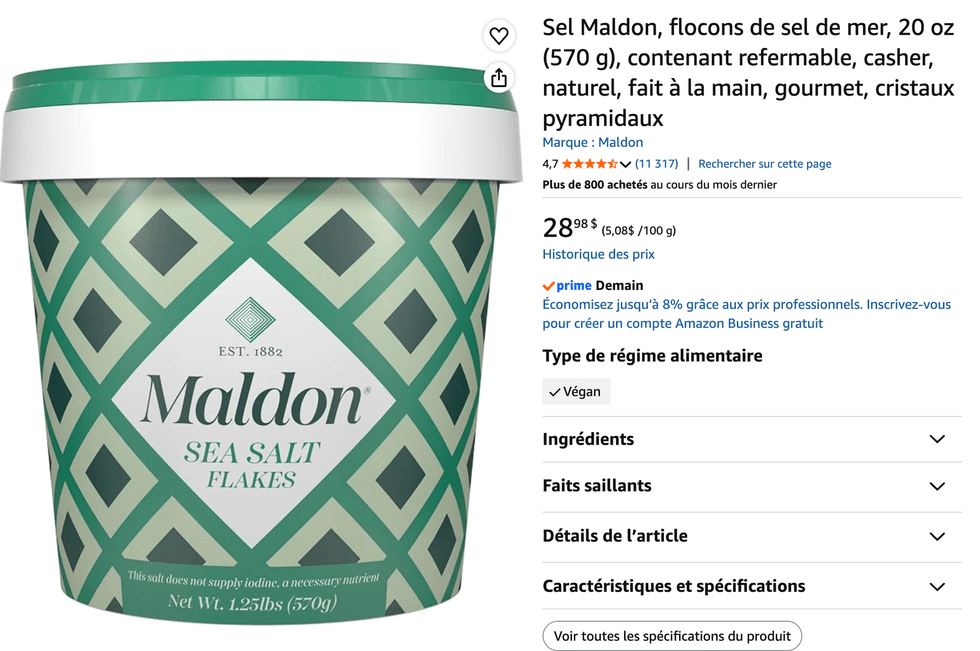 Pot de sel Maldon en vente sur Amazon.