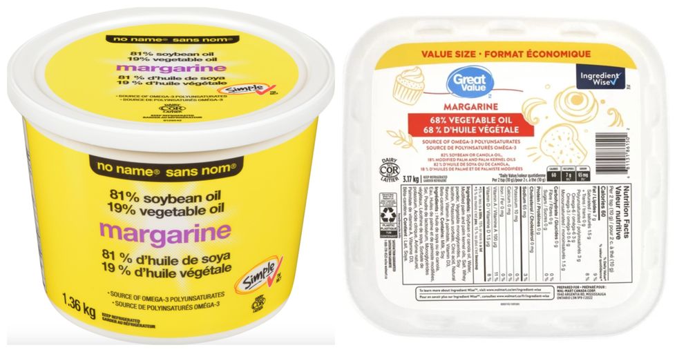 Pot jaune de margarine Sans Nom. Droite : Pot blanc de margarine Great Value.