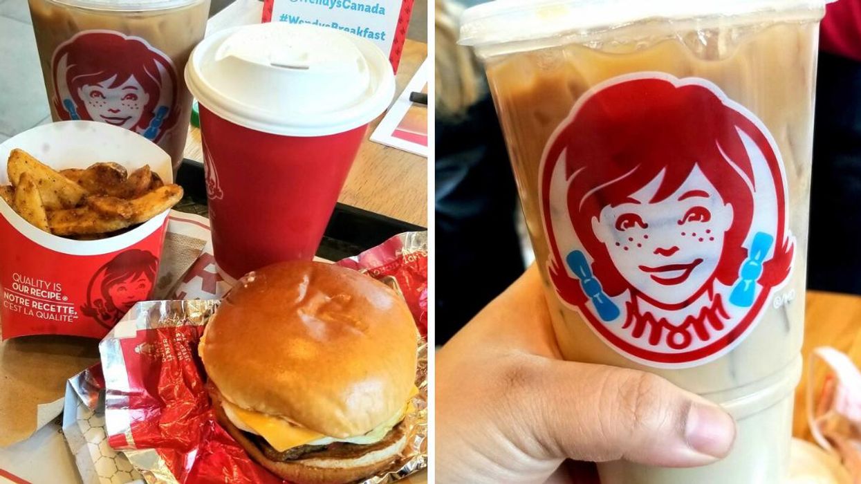 Potato wedges, a coffee, and a Breakfast Baconator. Right: A vanilla frostyccino.