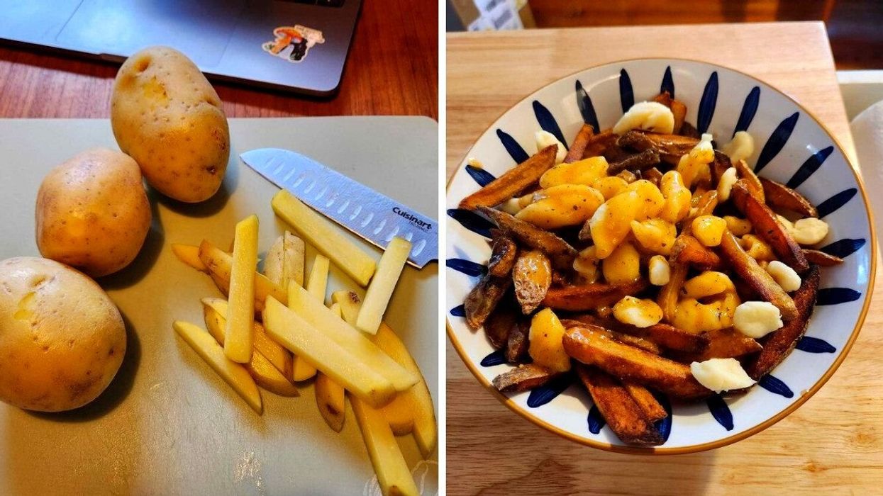 Potatoes being cut into fries. Right: Sarah's homemade poutine.