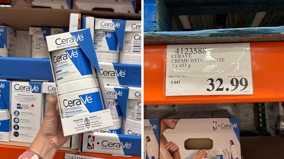 Pots de 453 g de cr\u00e8me hydratante CeraVe. Droite : \u00c9tiquette de prix Costco pour la cr\u00e8me hydratante CeraVe.