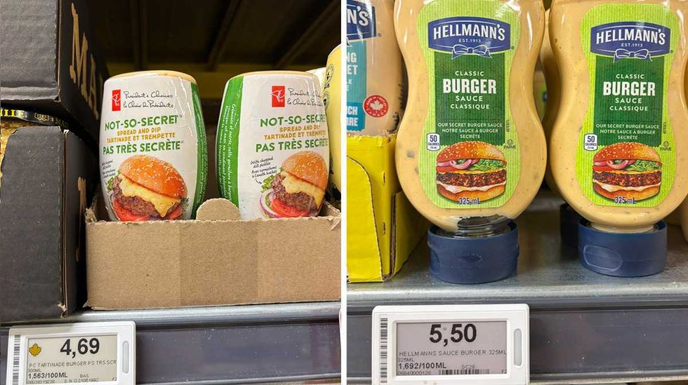 Pots de sauce pour hamburger de marque Le Choix du Pr\u00e9sident. Droite : Pots de sauce pour hamburger de marque Hellmann's.