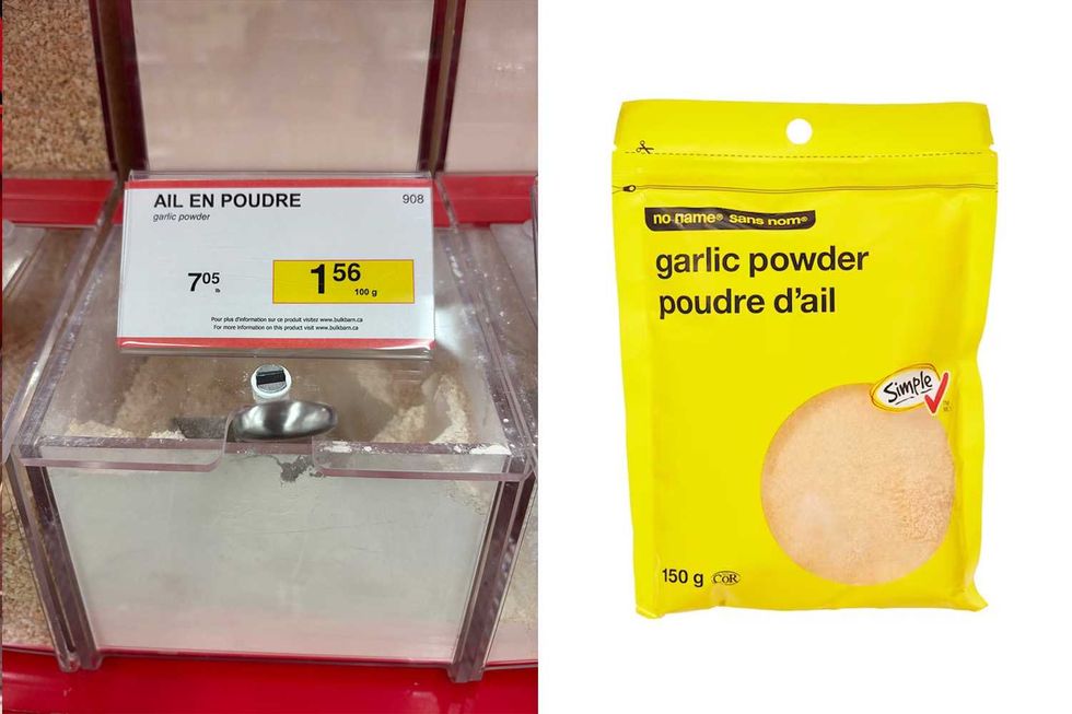 Poudre d'ail vendue en vrac chez Bulk Barn. Droite : Poudre d'ail vendue chez Maxi.