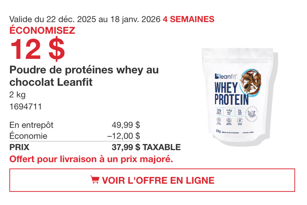Poudre de prot\u00e9ines whey au chocolat Leanfit 2 kg sur le site de Costco