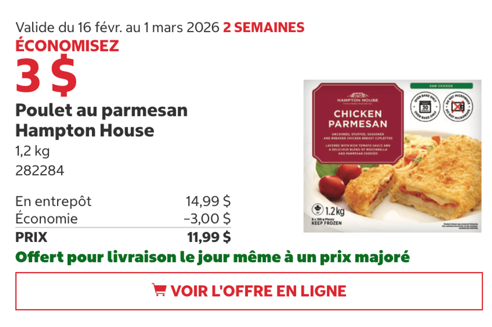 Poulet au parmesan Hampton House 1,2 kg sur le site de Costco