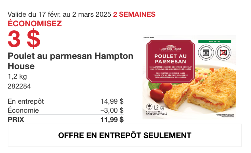 Poulet au parmesan Hampton House dans la circulaire du site de Costco.