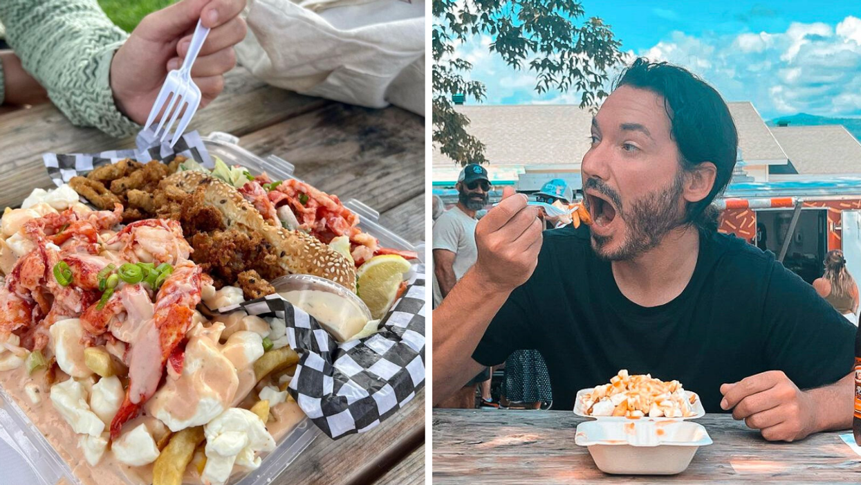 Poutine au homard. Droite: Homme mangeant poutine.