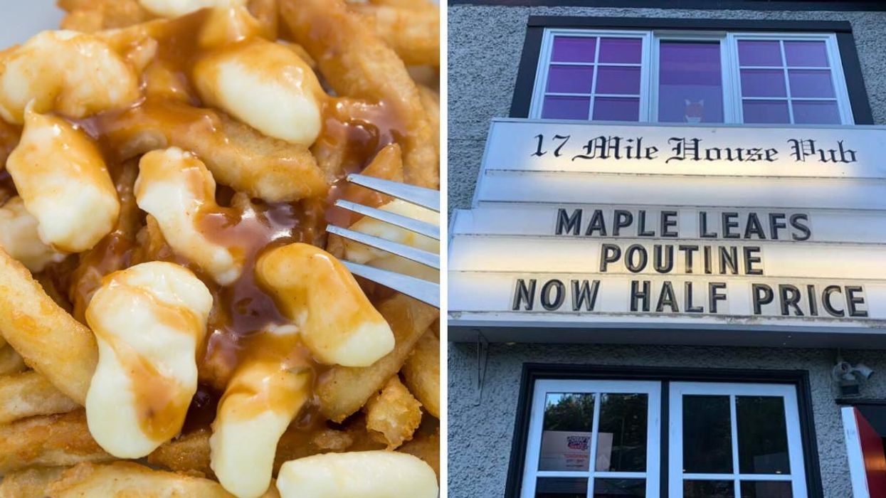 Poutine. Droite : Façade du 17 Mile House Pub, à Victoria.