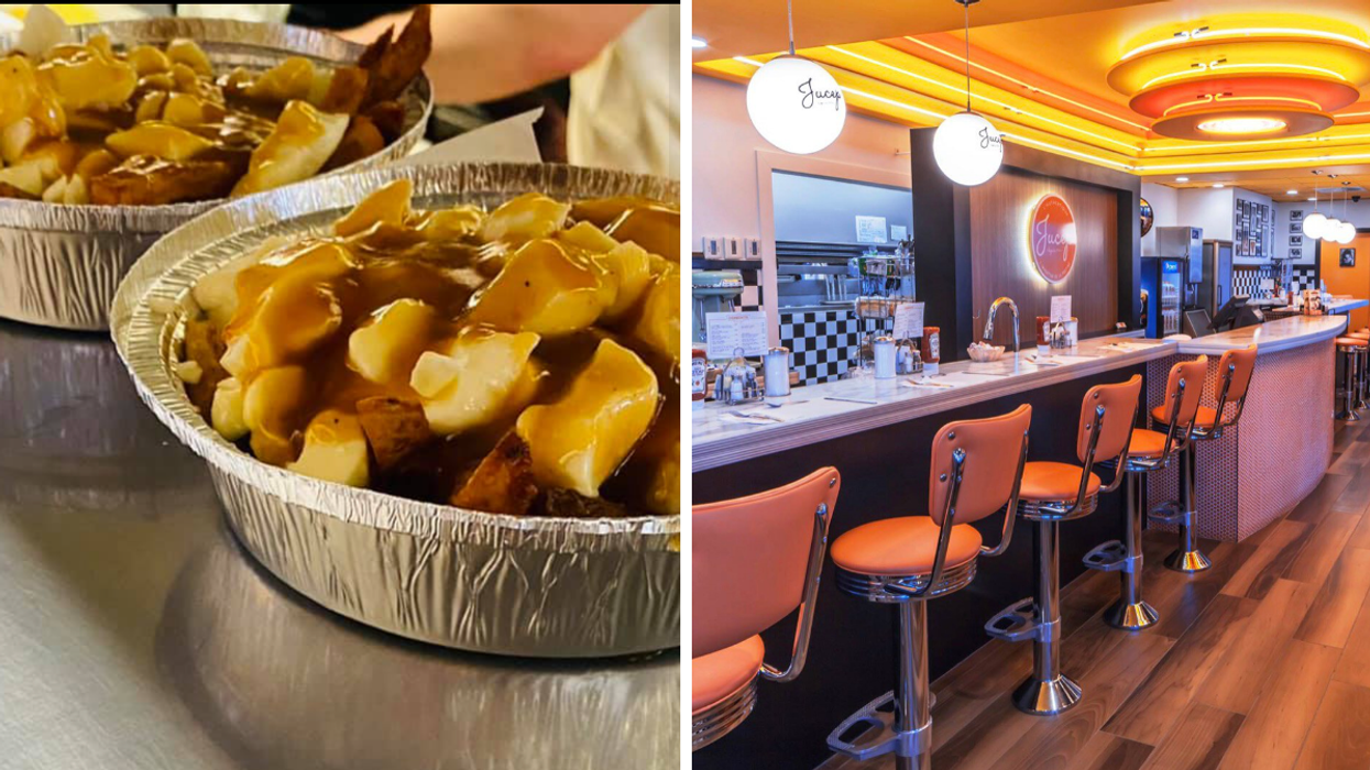 Poutine et salle à manger du restaurant Le Roy Jucep