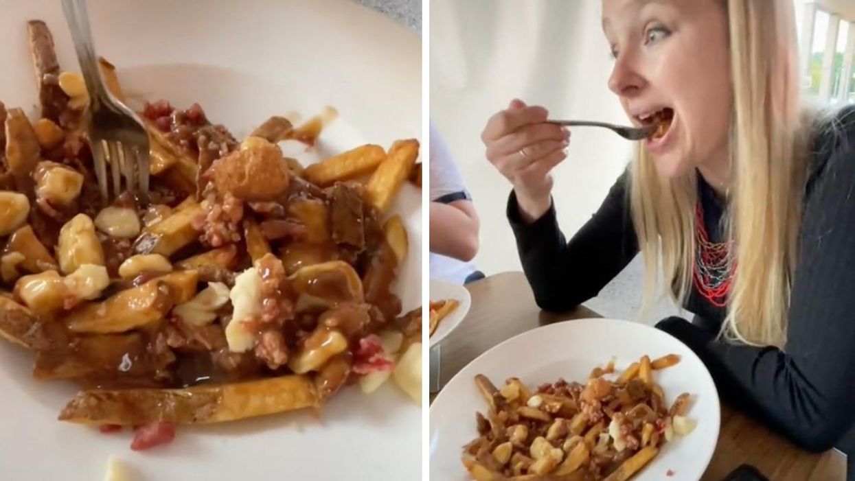 Poutine. Right: A woman eating poutine.