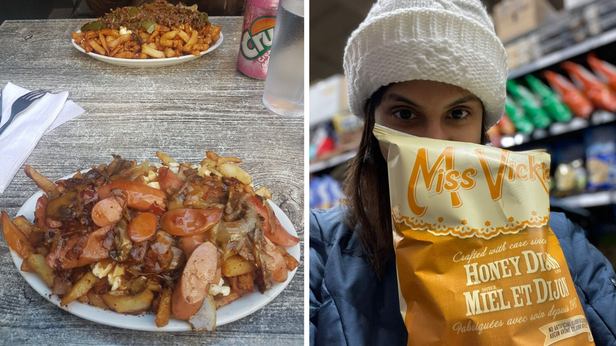 Poutine. Right: Janice Rodrigues holding Miss Vickie's chips.
