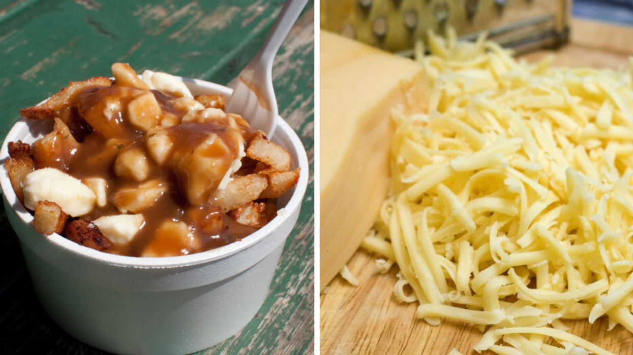 Poutine. Right: Shredded cheese.