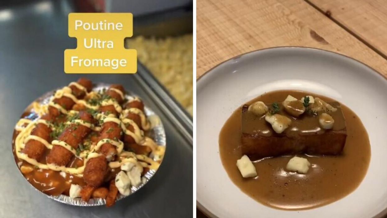 Poutine ultra fromage. Right: The 15 hour poutine.