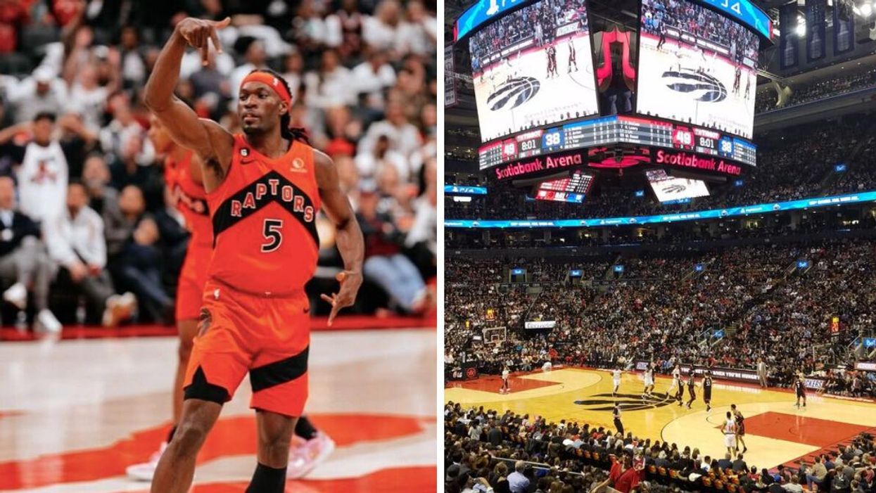 Precious Achiuwa. Right: Scotiabank Arena in Toronto