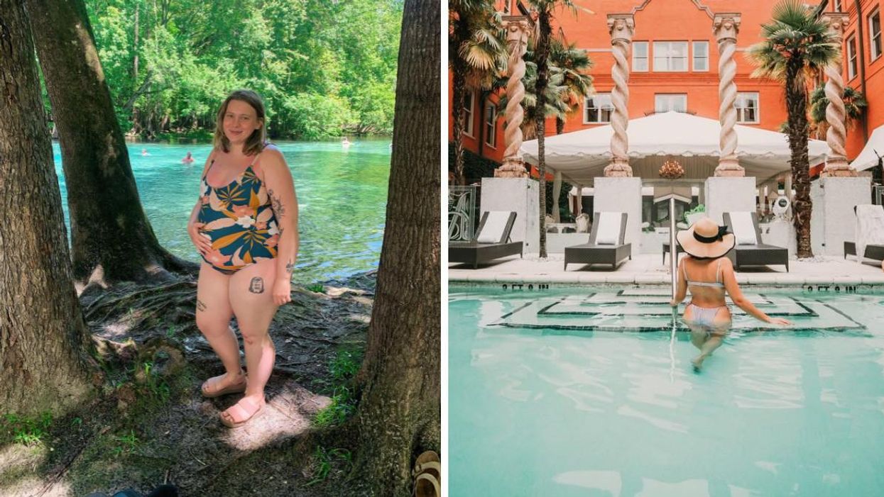 Pregnant woman stands between trees at a spring. Right: A girl in a hat in a pool at Mansion on Forsyth Park.