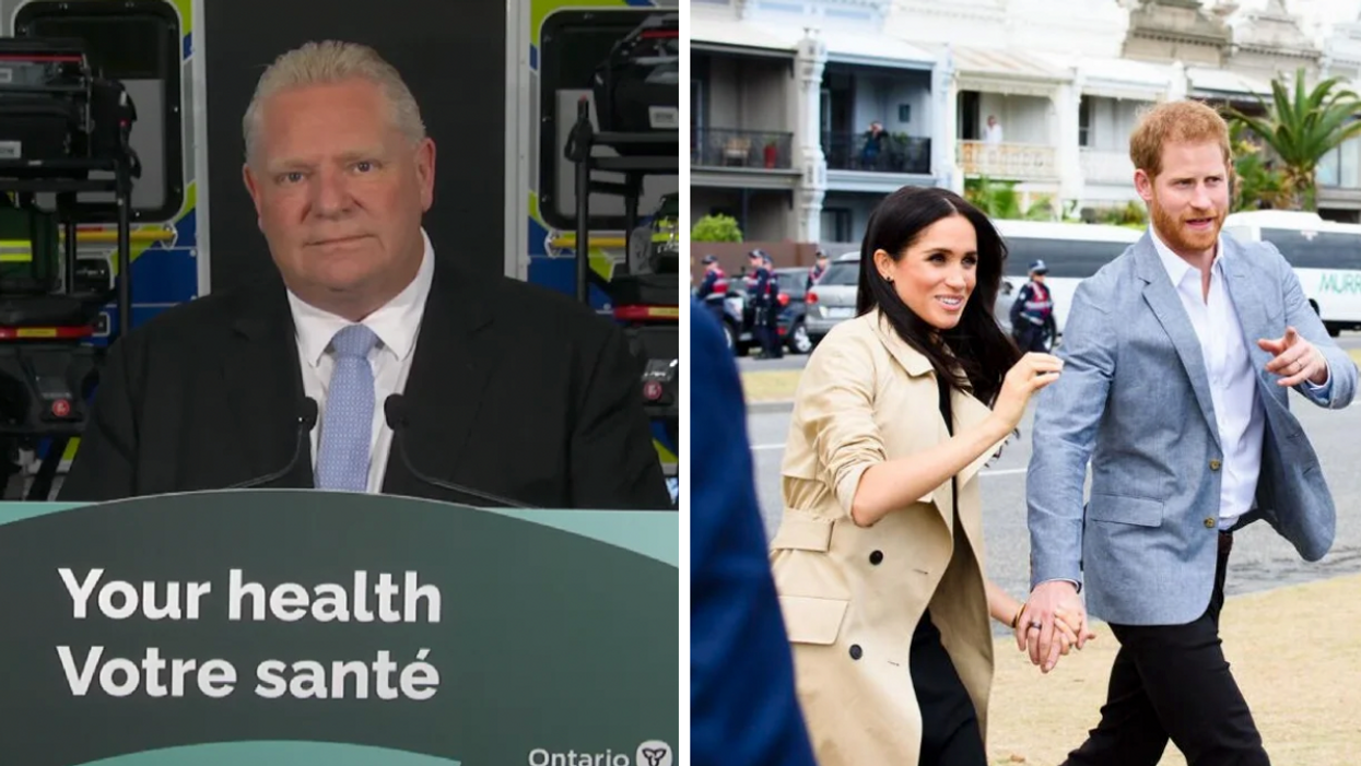 Premier Doug Ford at a press conference. Right: Meghan Markle and Prince Harry.