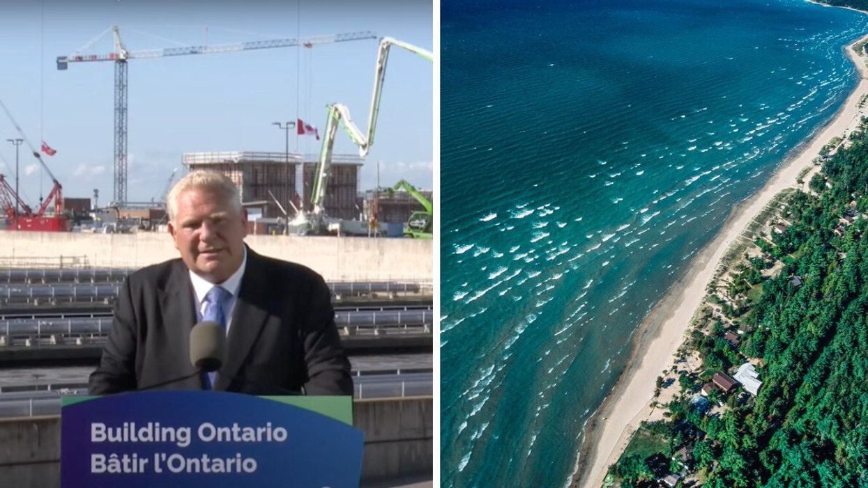 Premier Doug Ford. Right: A white-sand beach in Ontario.