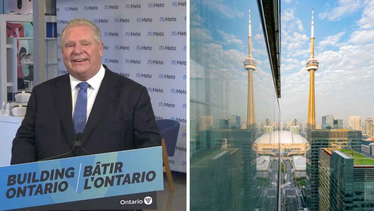 Premier Doug Ford. Right: Toronto CN tower.