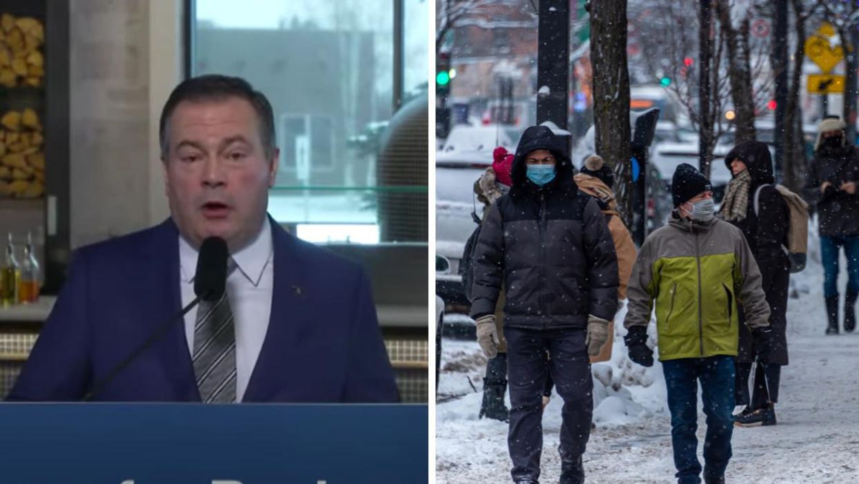 Premier Jason Kenney at a news conference. Right: Pedestrians with face masks walk down a snowy street.
