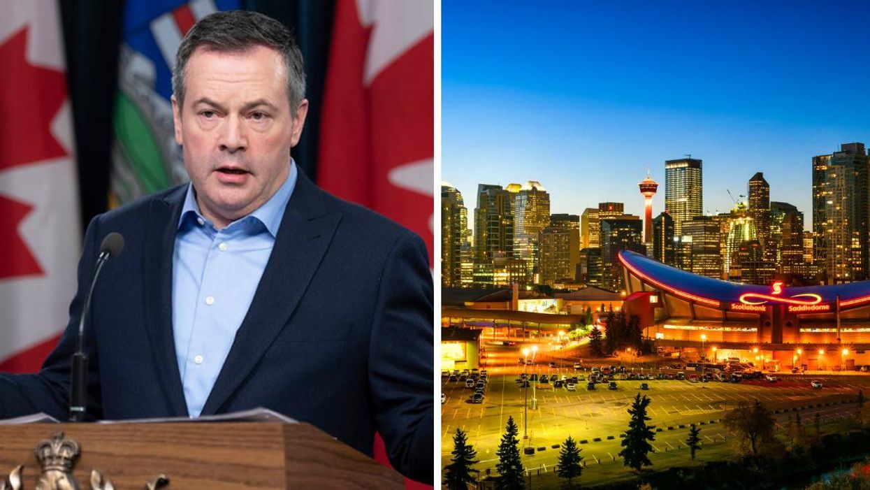 Premier Jason Kenney. Right: The Calgary Saddledome and skyline.