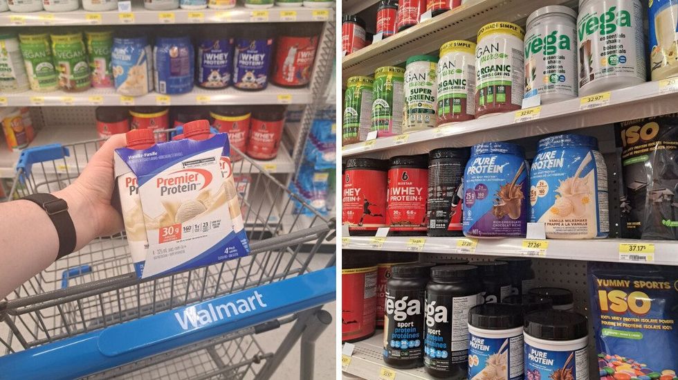 Premier Protein drinks. Right: Containers of protein on the shelf at Walmart.