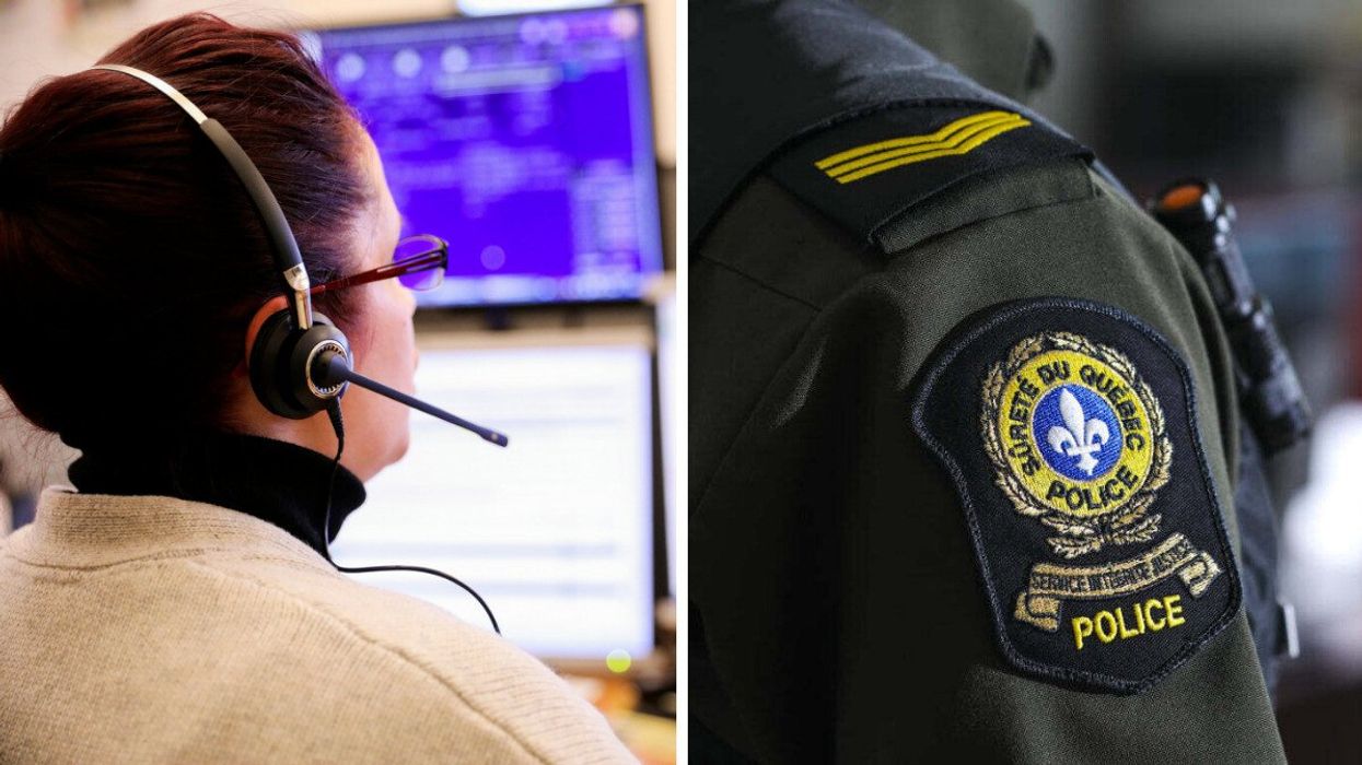 Préposée aux télécommunications d'urgence à la Sûreté du Québec. Droite : Logo de la Sûreté du Québec.