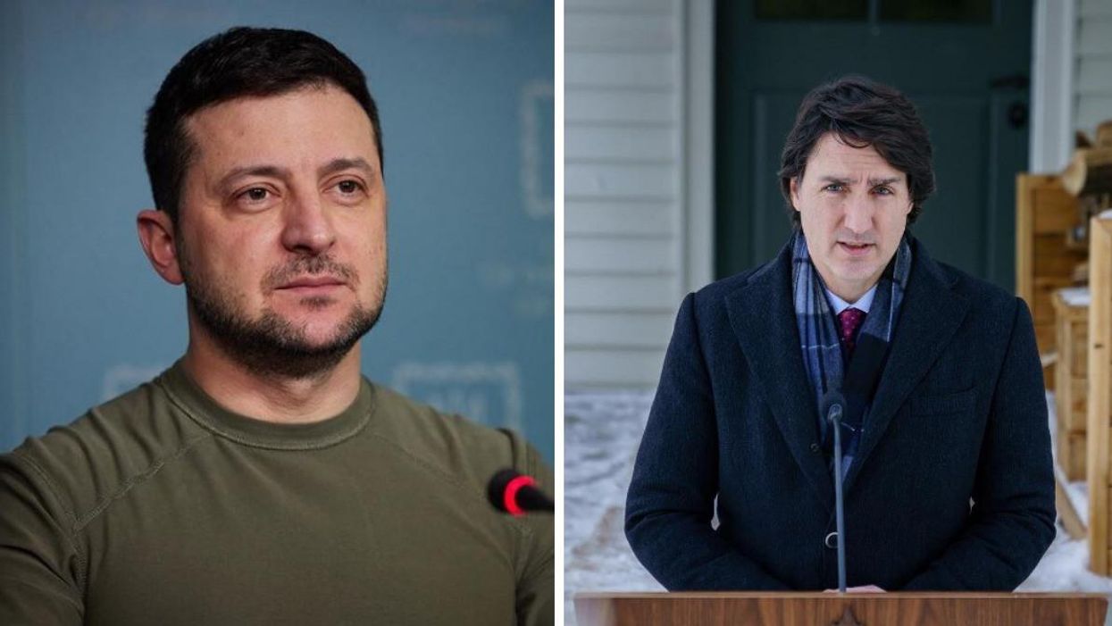 President of Ukraine Volodymyr Zelenskyy. Right: Prime Minister of Canada Justin Trudeau.