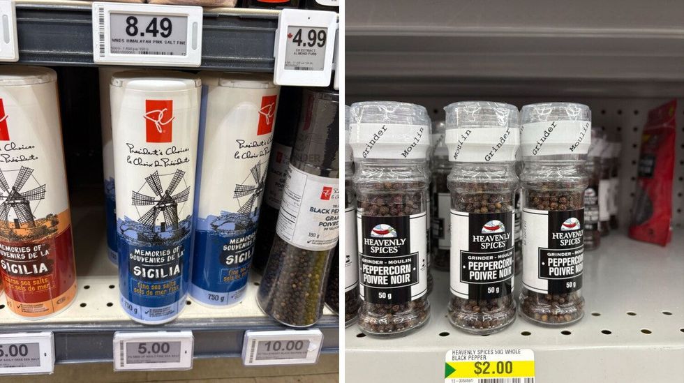 president's choice black pepper at loblaws. right: black pepper on shelf at dollarama