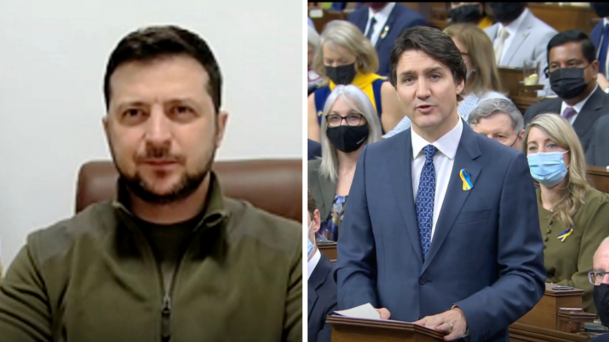 Président ukrainien Volodymyr Zelensky. Droite : Premier ministre canadien Justin Trudeau.