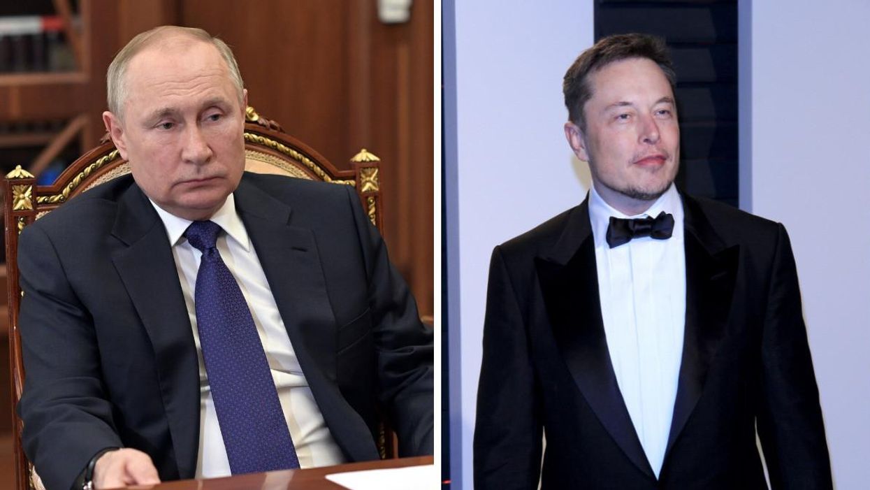 President Vladimir Putin in a meeting. Right: Elon Musk at an event.
