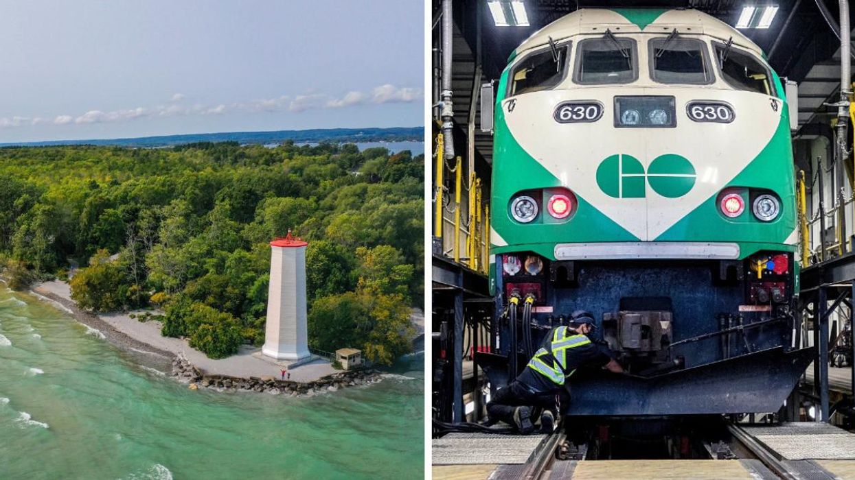 Presqu'ile Provincial Park in Brighton, ON. Right: GO Train receiving maintenance.