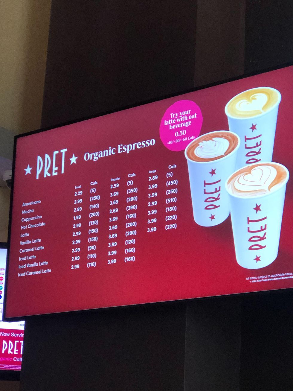 Pret A Manger coffee prices.
