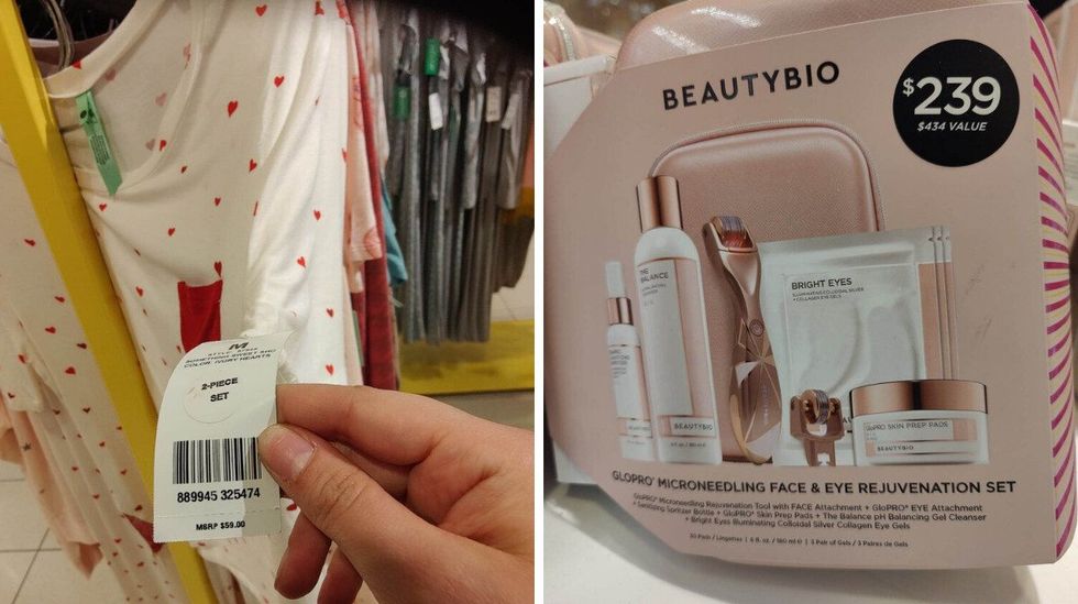 Price tag of pyjama set. Right: Eye beauty set.