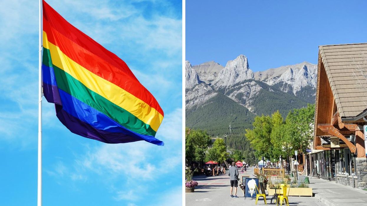 Pride flag. Right: Canmore.