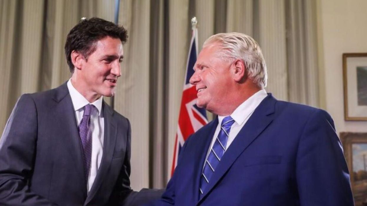 Prime Minister Justin Trudeau and Ontario Premier Doug Ford shaking hands.