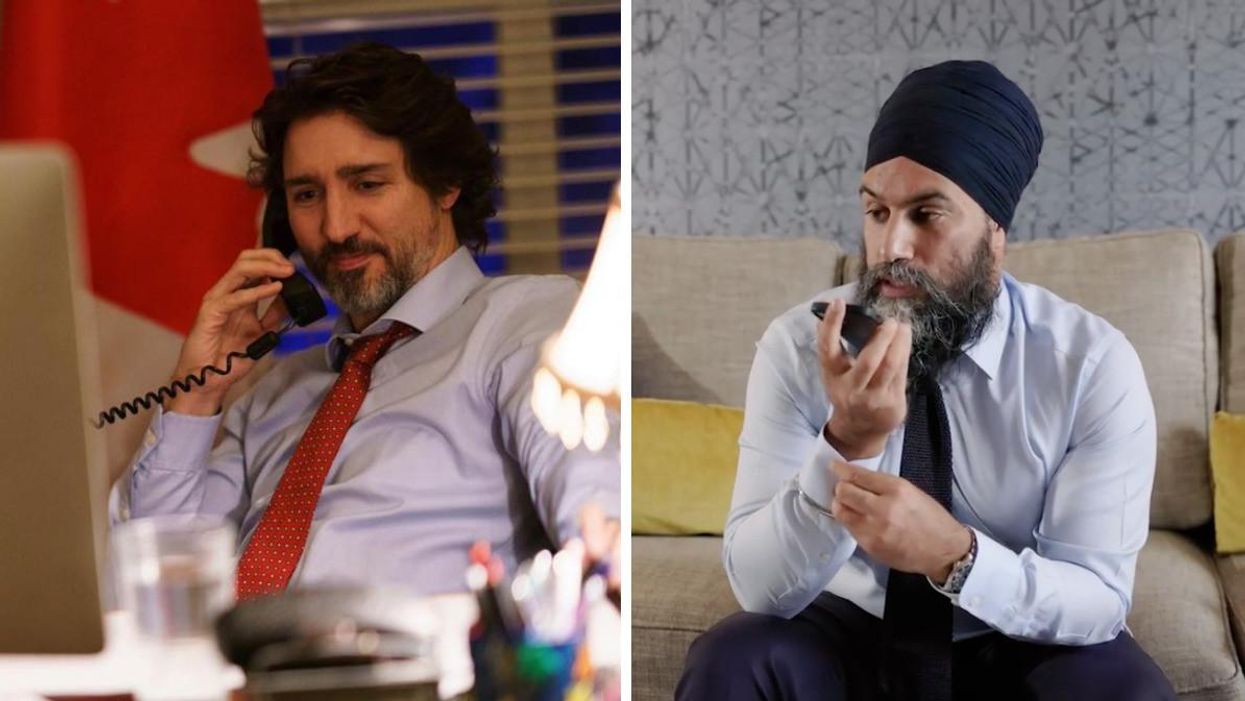 Prime Minister Justin Trudeau on the phone. Right: NDP leader Jagmeet Singh on the phone.