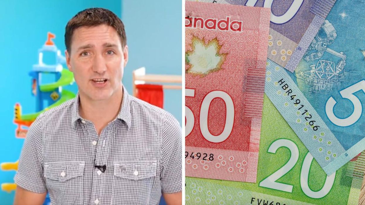Prime Minister Justin Trudeau. RIght: Canadian dollar bills in a pile.